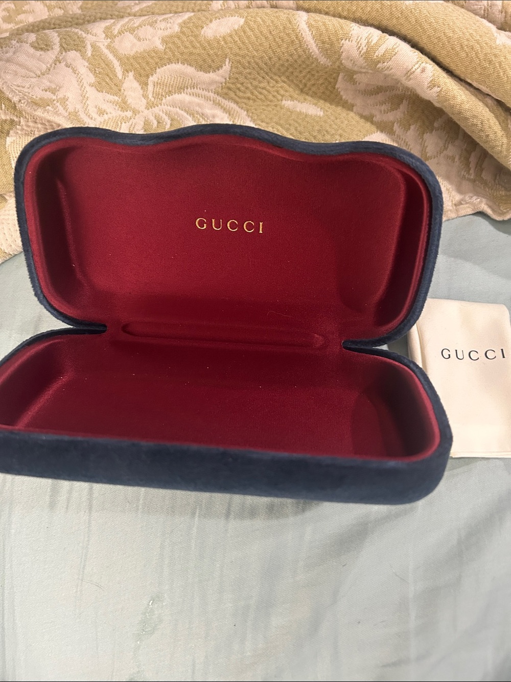 Gucci Velvet Glasses Case in Navy Exterior and Burgundy Interior